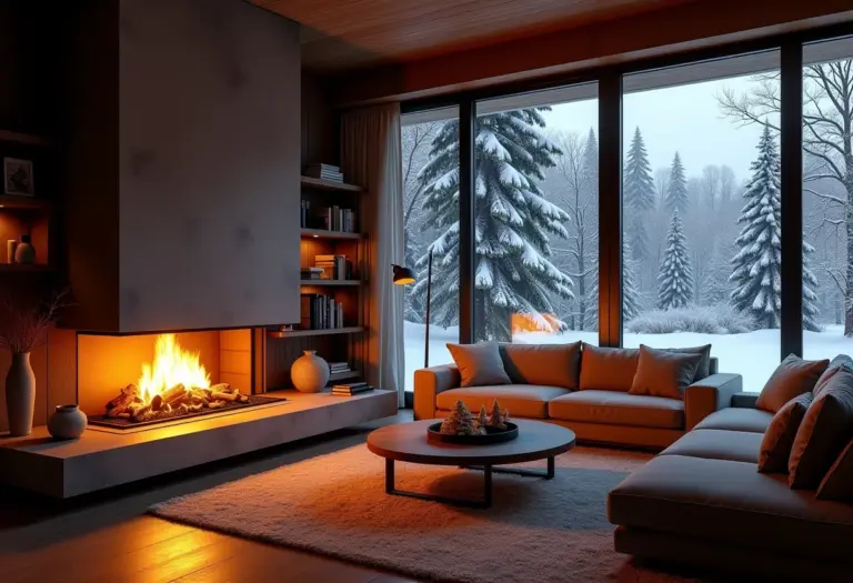 Sala de estar aconchegante com lareira acesa em dia frio