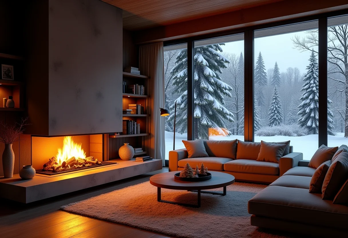 Sala de estar aconchegante com lareira acesa em dia frio