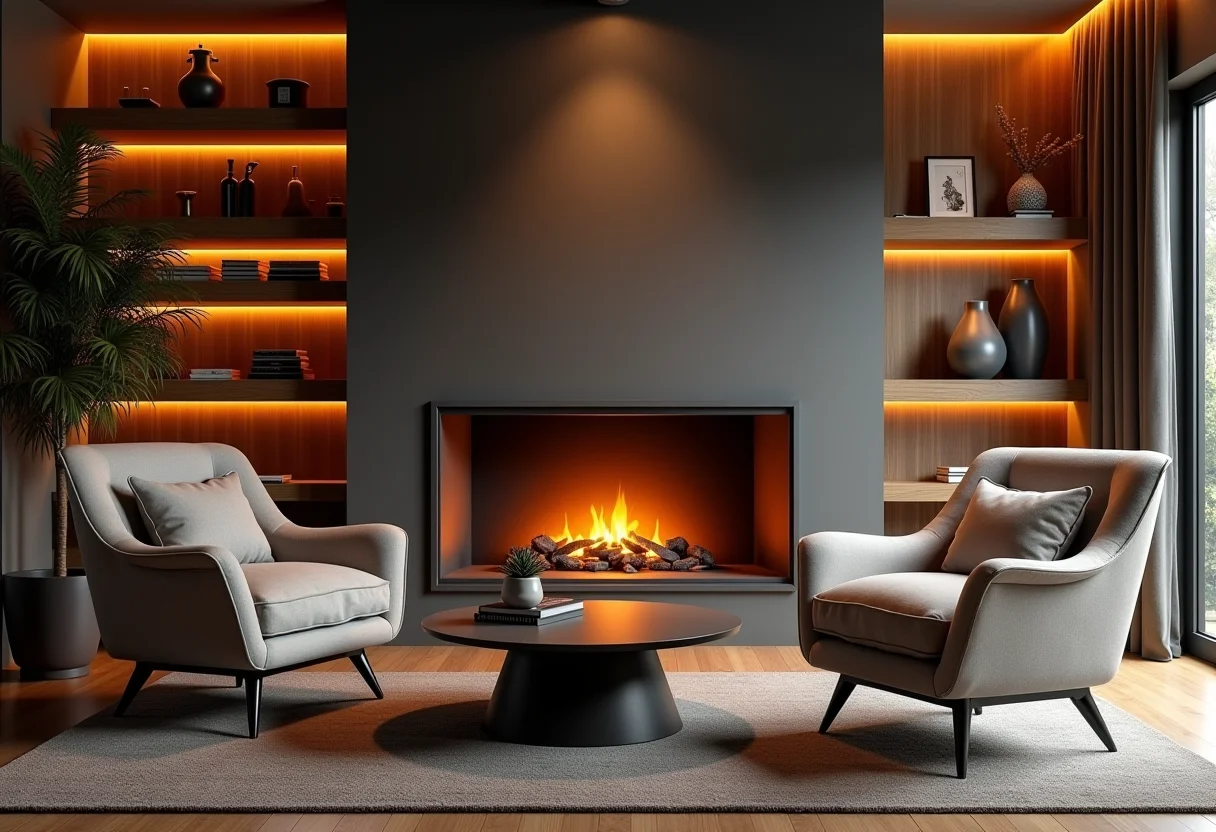 Sala de estar aconchegante com lareira acesa, poltronas confortáveis e iluminação quente.