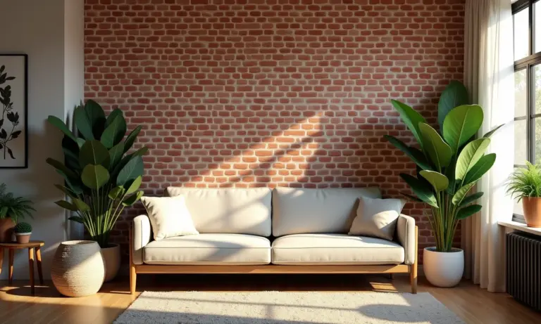 Sala de estar aconchegante com parede de tijolinho falso feita com papel de parede.