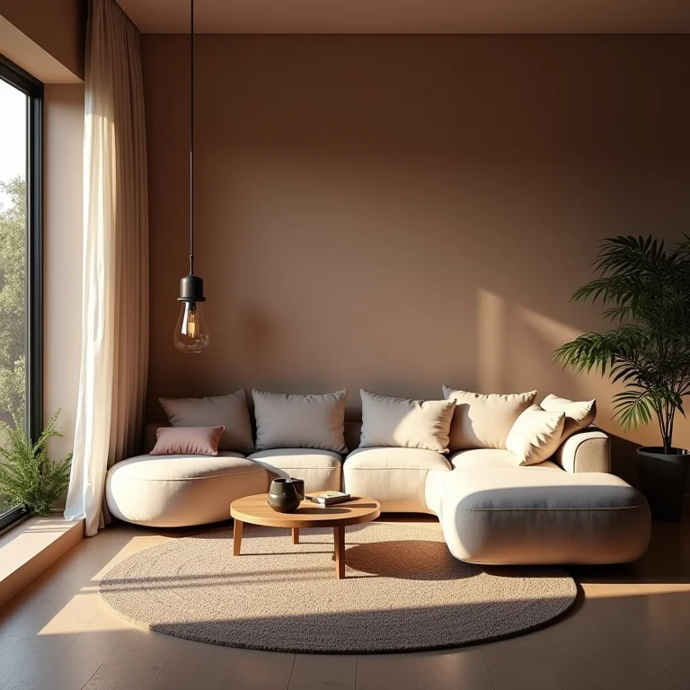 Sala de estar aconchegante com sofá modular e iluminação ambiente