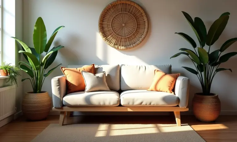 Sala de estar aconchegante com um elegante sofá-cama, iluminação natural e decoração brasileira.