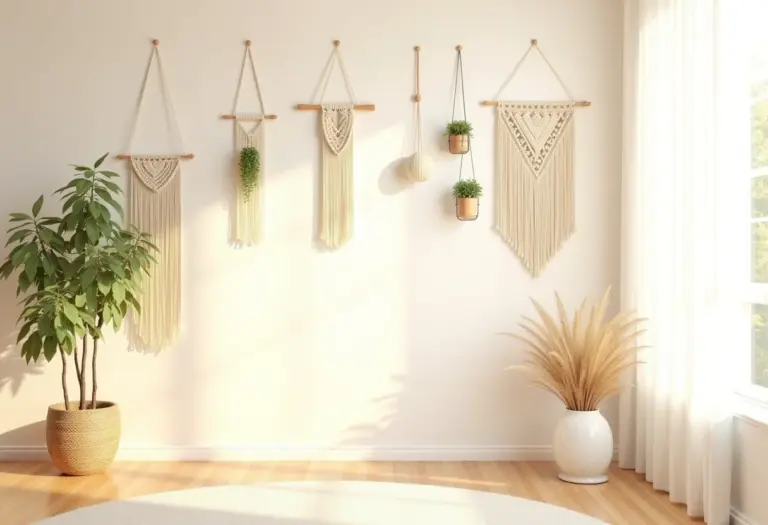 Sala de estar aconchegante decorada com macramê