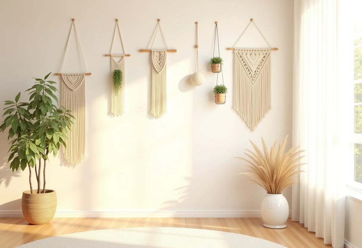 Sala de estar aconchegante decorada com macramê