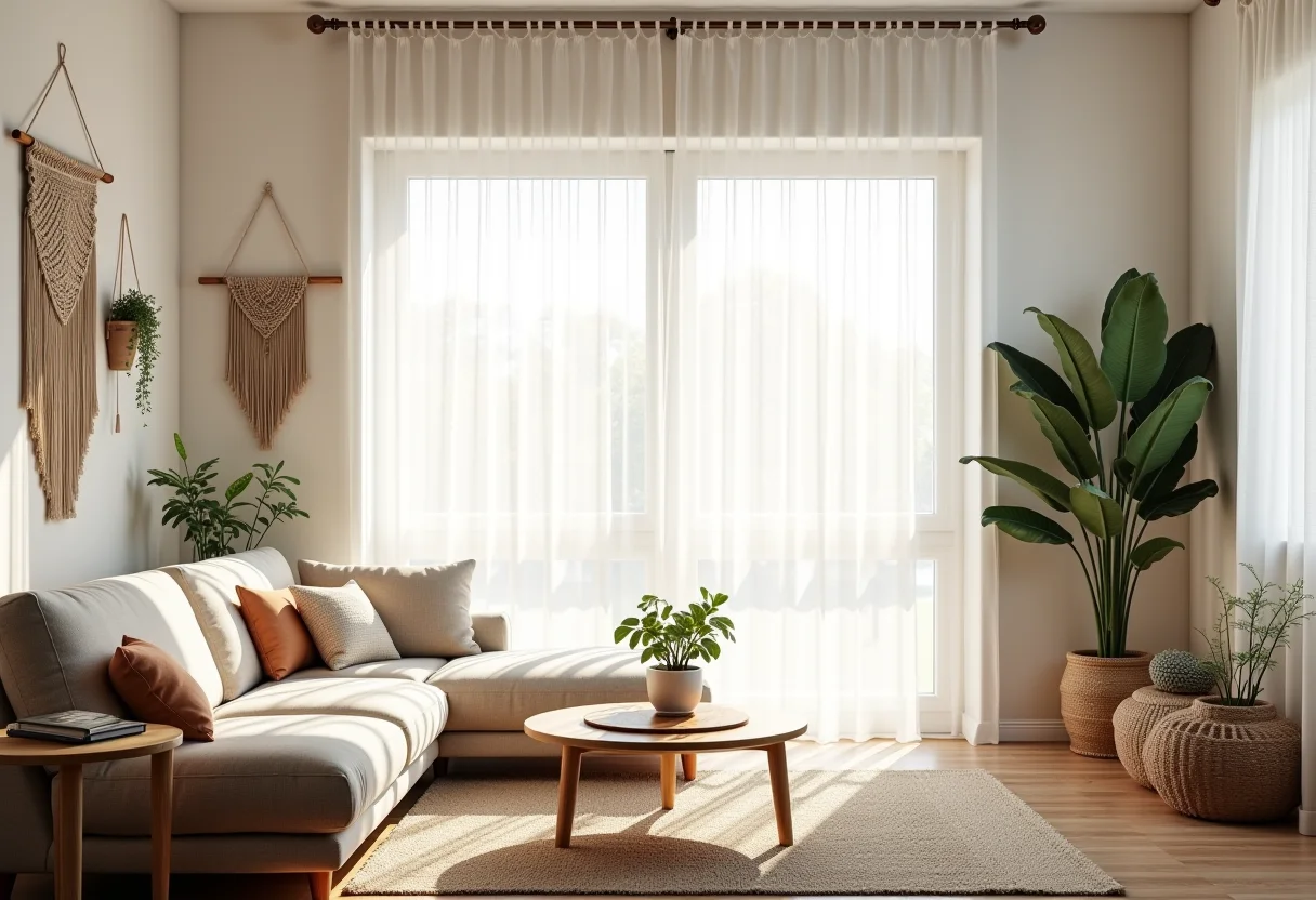 Sala de estar aconchegante decorada com macramê.