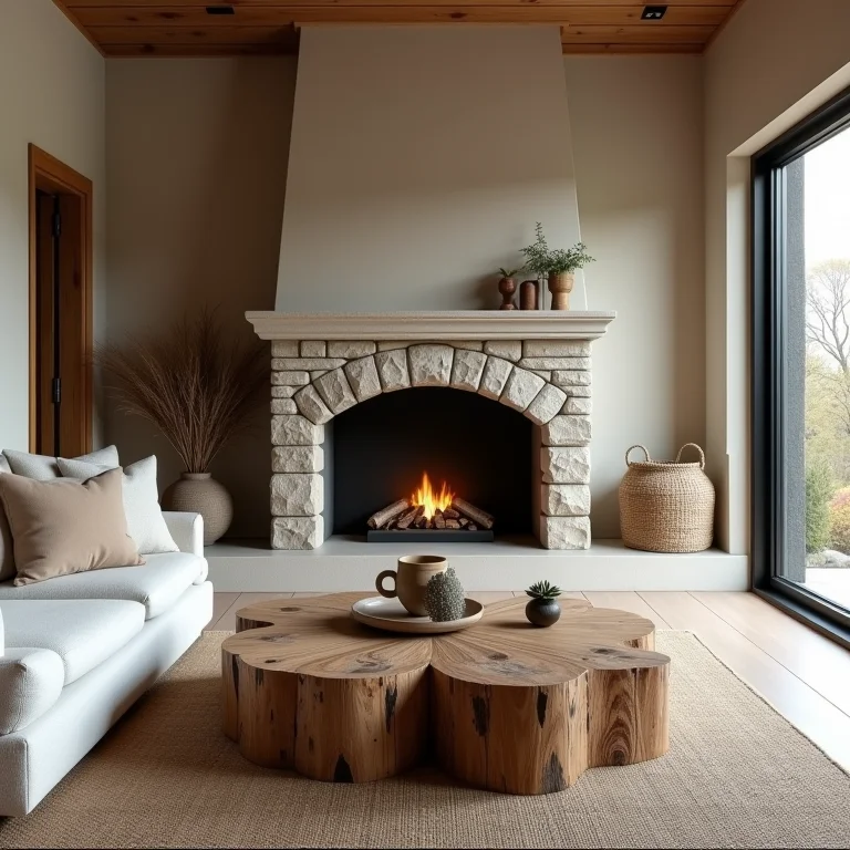 Sala de estar aconchegante: lareira de pedra, sofá confortável e mesa de madeira