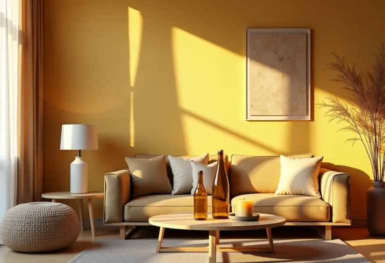 Sala de estar boho-chic decorada com garrafas de azeite reaproveitadas como vasos, luminárias e porta-velas.