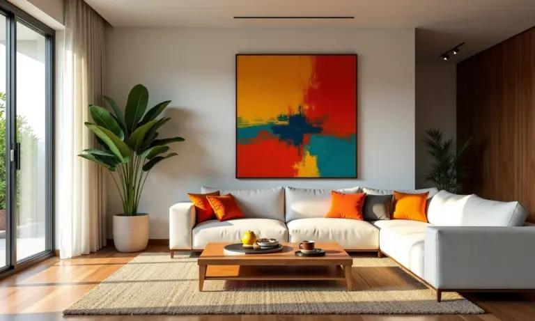 Sala de estar colorida com arte abstrata e decoração brasileira.