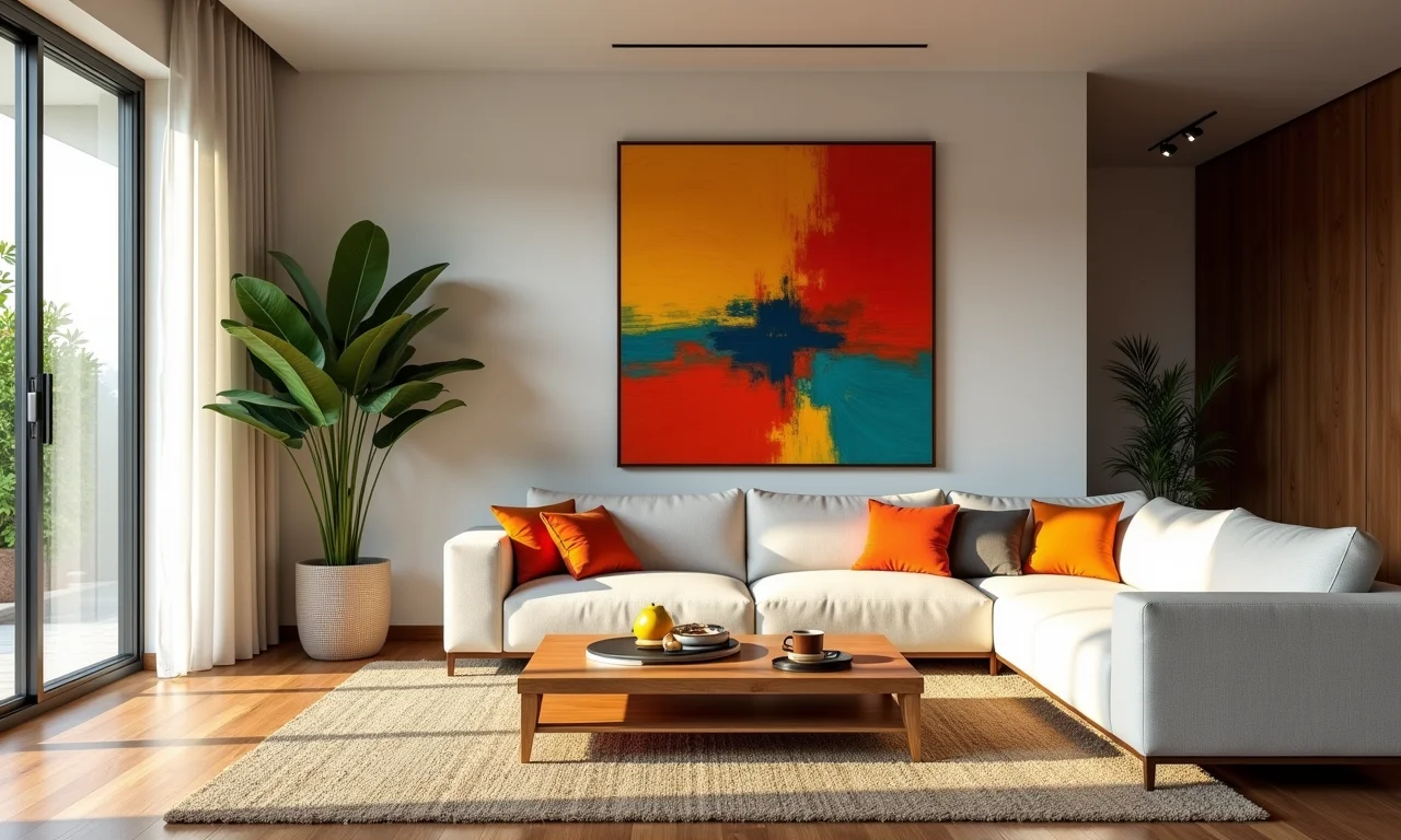 Sala de estar colorida com arte abstrata e decoração brasileira.