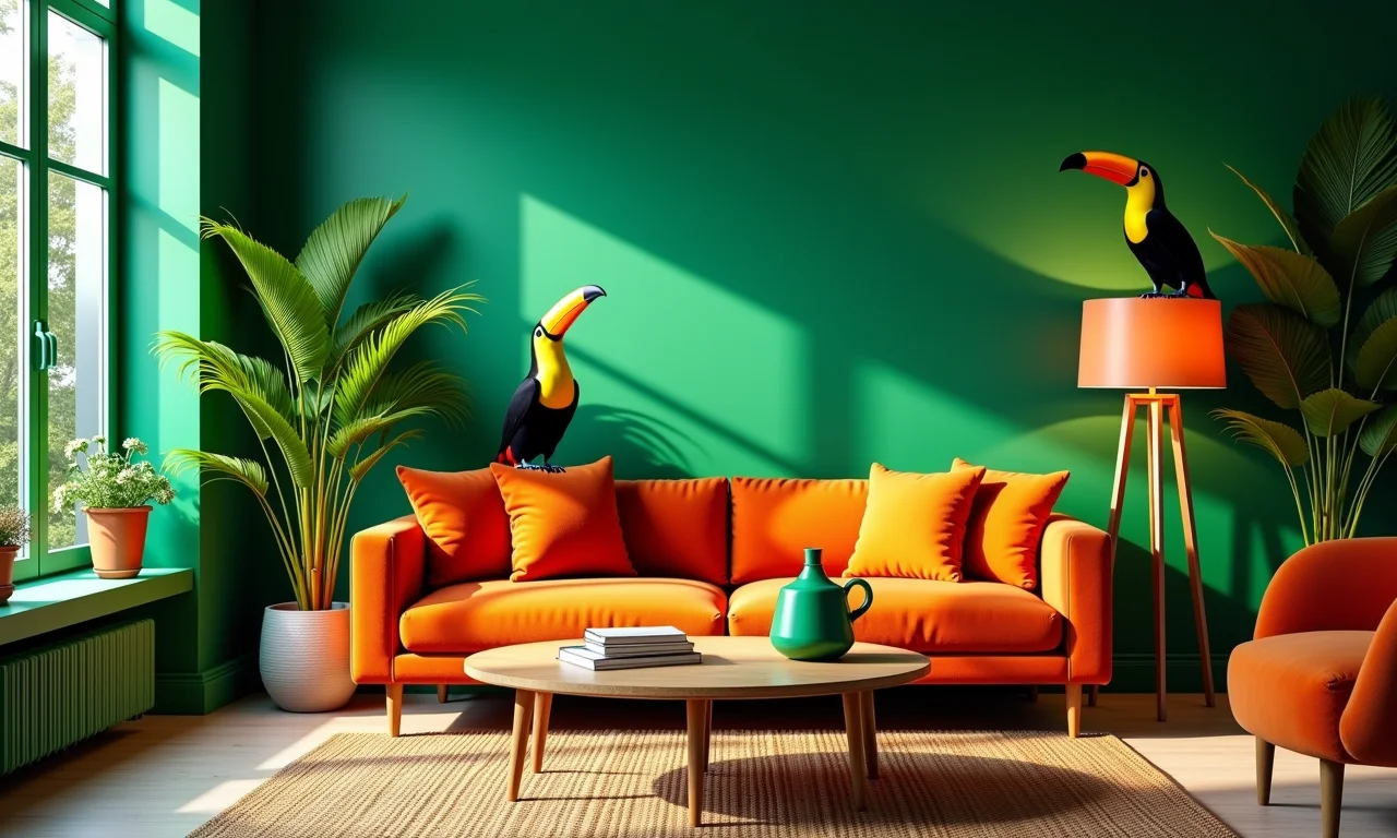 Sala de estar com cores vibrantes inspiradas na selva, com destaque para o verde esmeralda e detalhes em ocre.