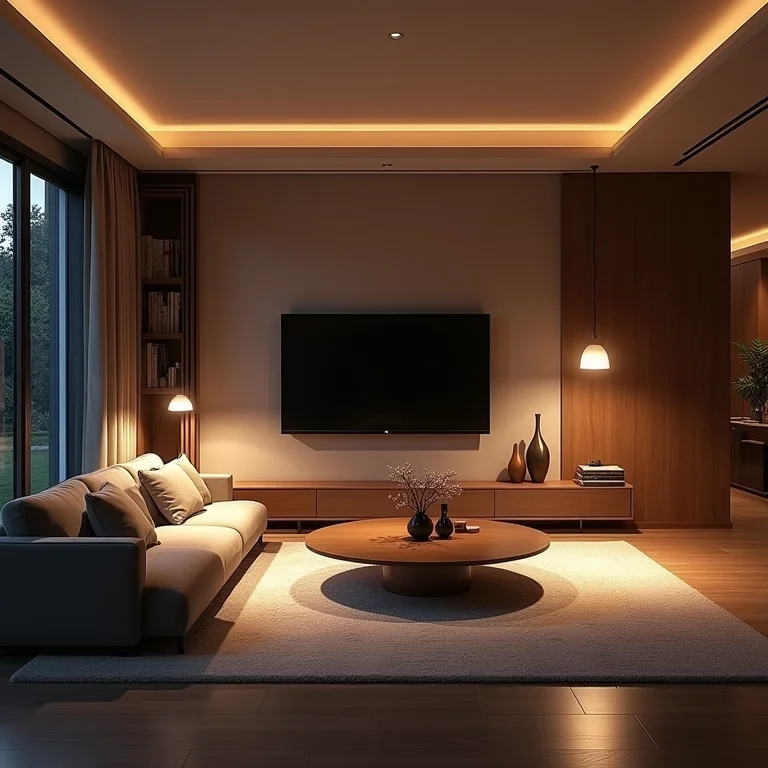 Sala de estar com luzes em intensidade máxima, causando desconforto visual.