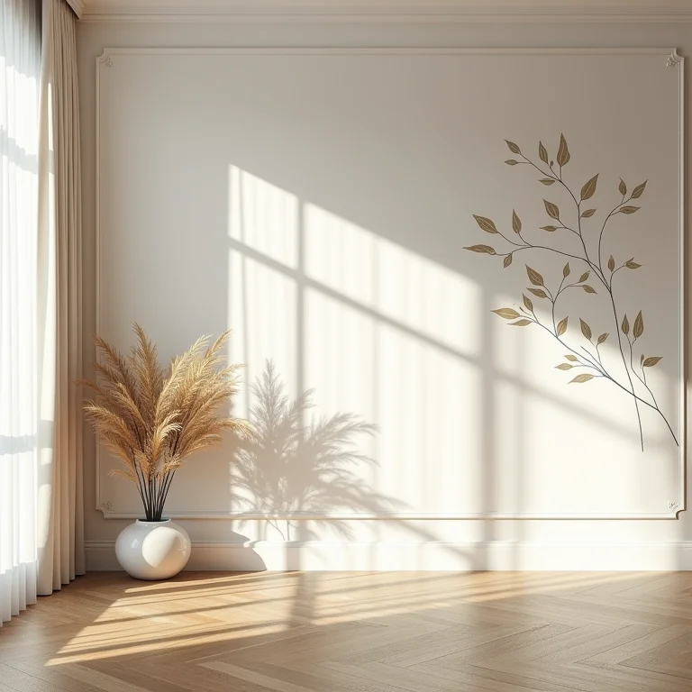 Sala de estar com parede decorada com stencil de folhagens.