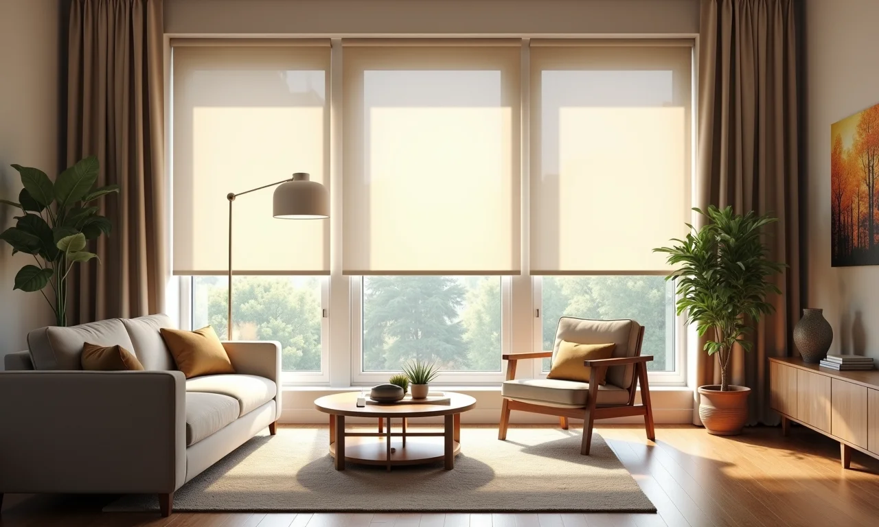 Sala de estar com persianas rolô antirruído.