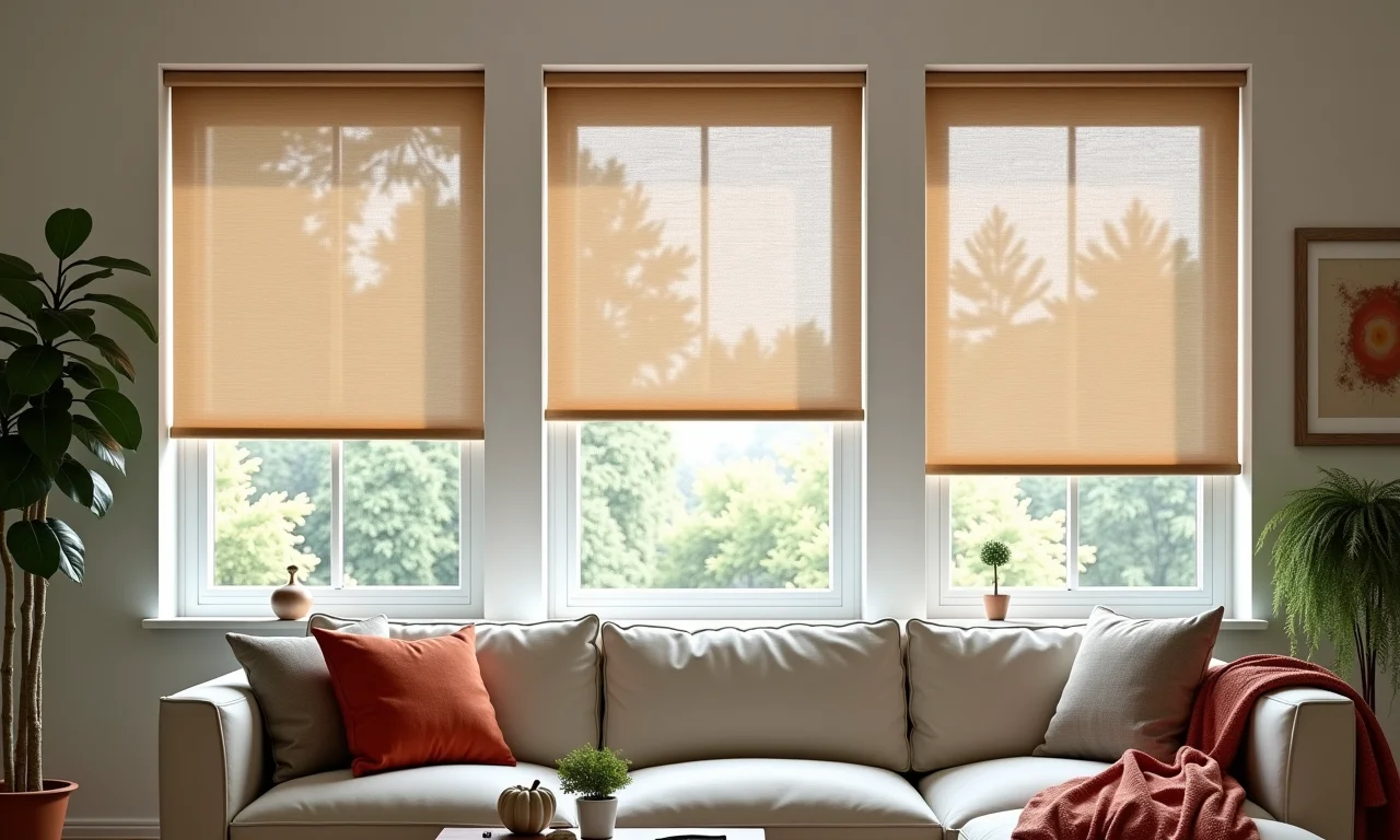 Sala de estar com persianas rolô em diversos materiais e cores.