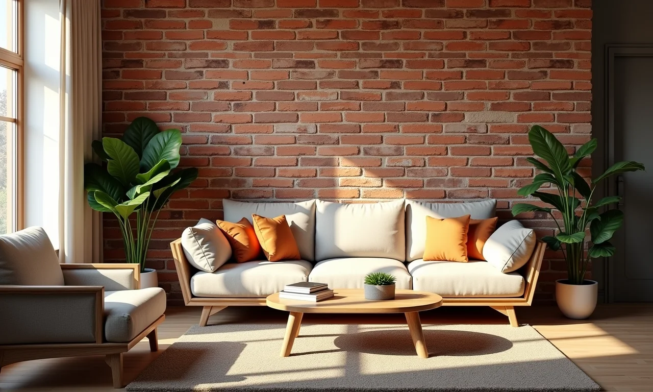 Sala de estar com pintura decorativa com molde de tijolinho.