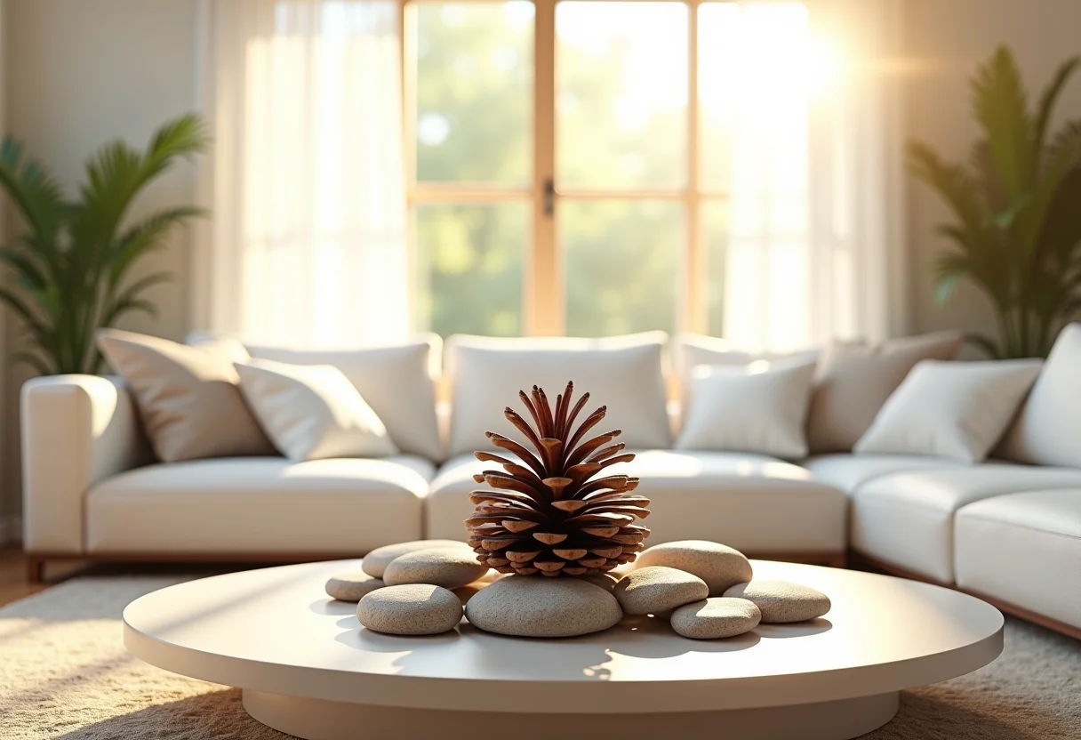 Sala de estar decorada com elementos naturais como pinhas e pedras