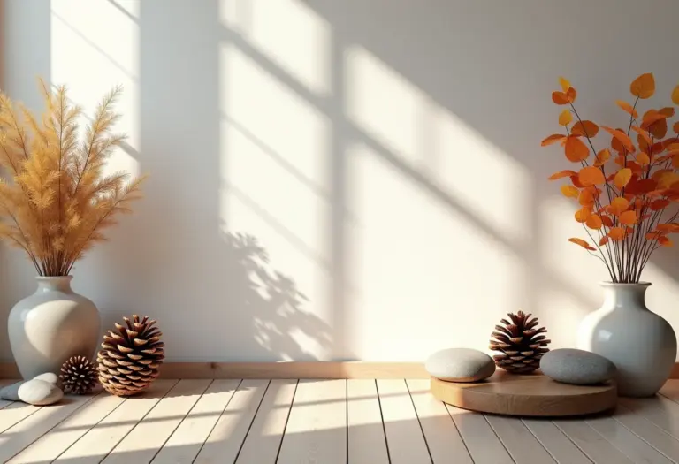 Sala de estar decorada com elementos naturais como pinhas, folhas e pedras.