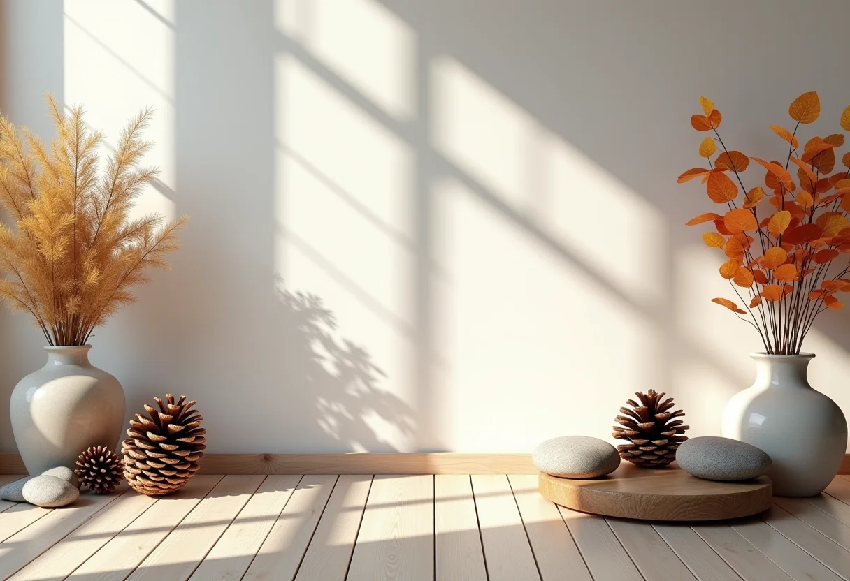 Sala de estar decorada com elementos naturais como pinhas, folhas e pedras.