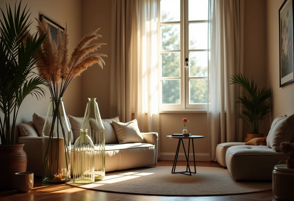 Sala de estar decorada com garrafões de vidro reutilizados