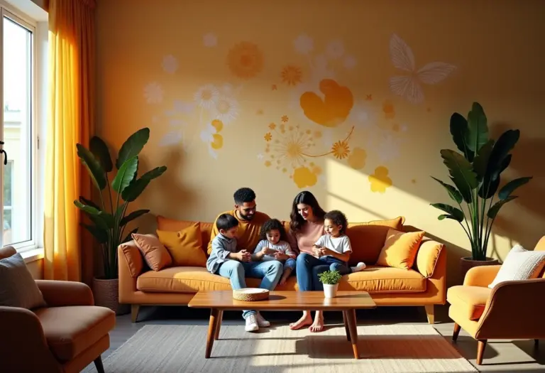 Sala de estar decorada com stencil e família brasileira