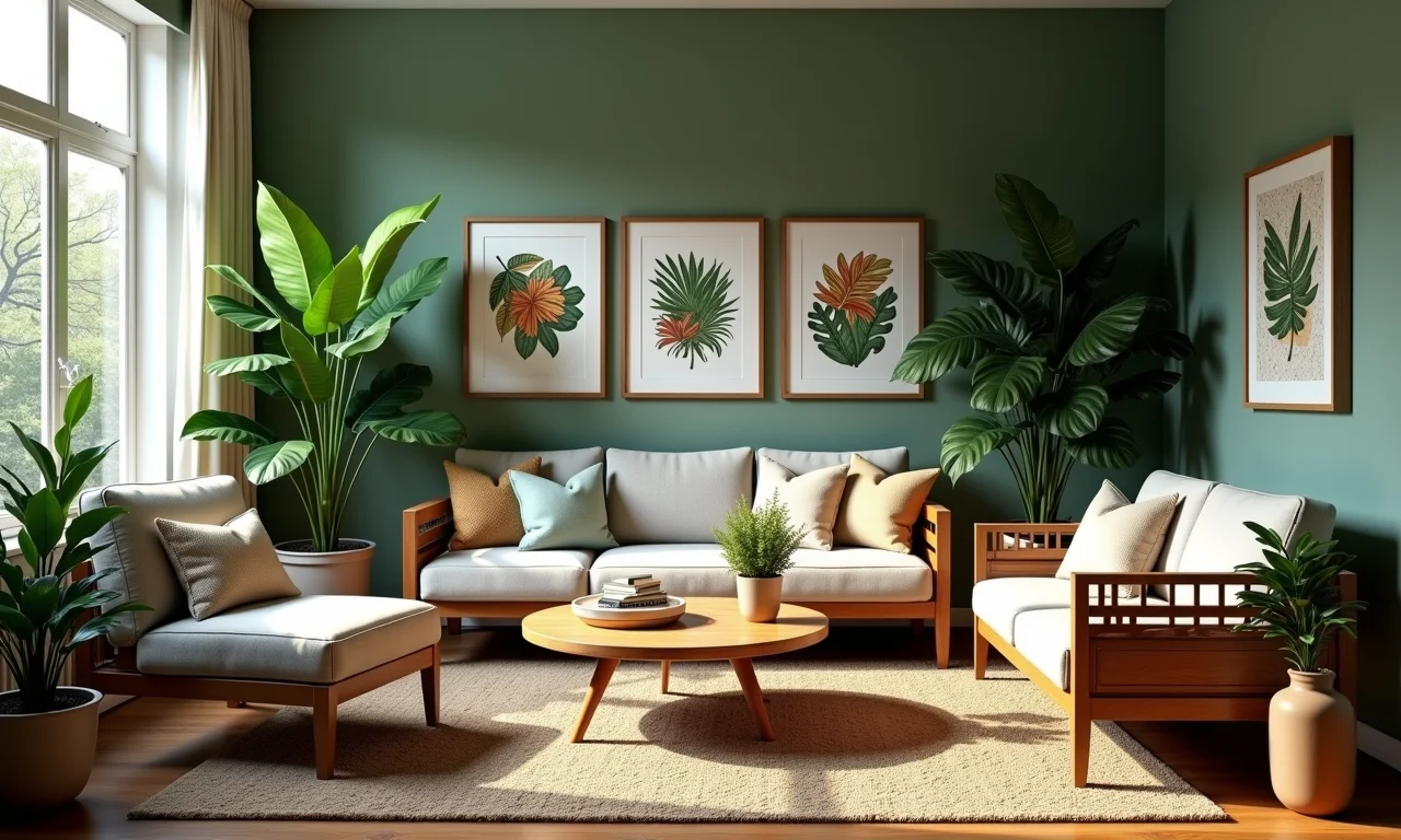 Sala de estar decorada com tema de selva, estampas sutis e móveis de madeira.