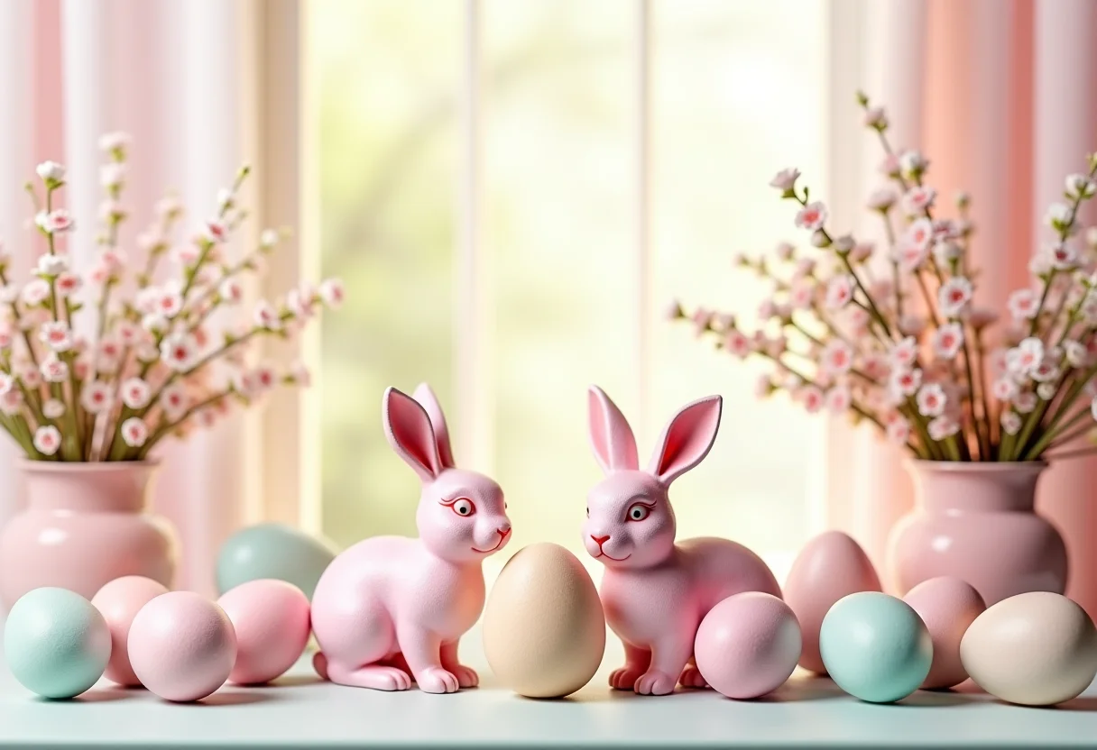 Sala de estar decorada para a Páscoa com coelhinhos e cores pastel