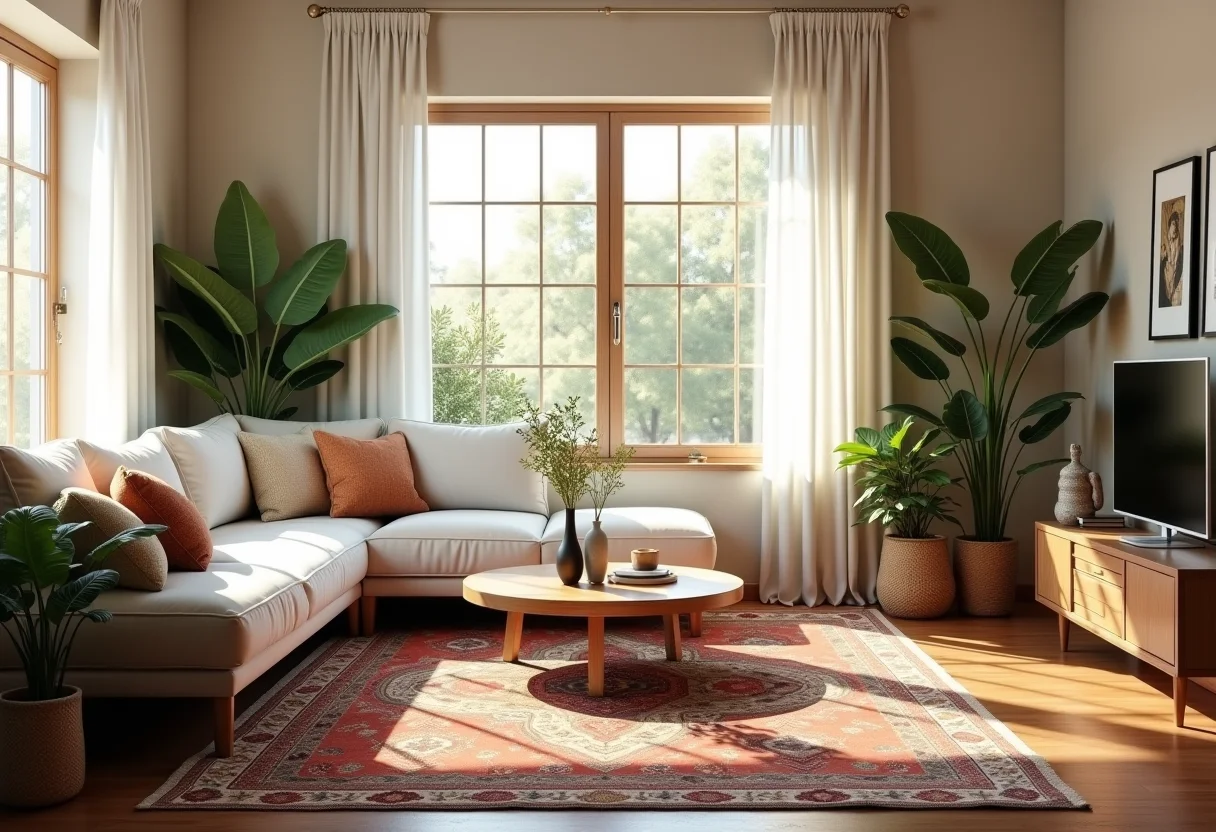 Sala de estar ensolarada com decoração afetiva e objetos pessoais