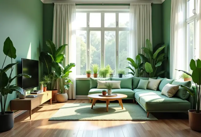 Sala de estar exuberante com decoração inspirada na natureza.