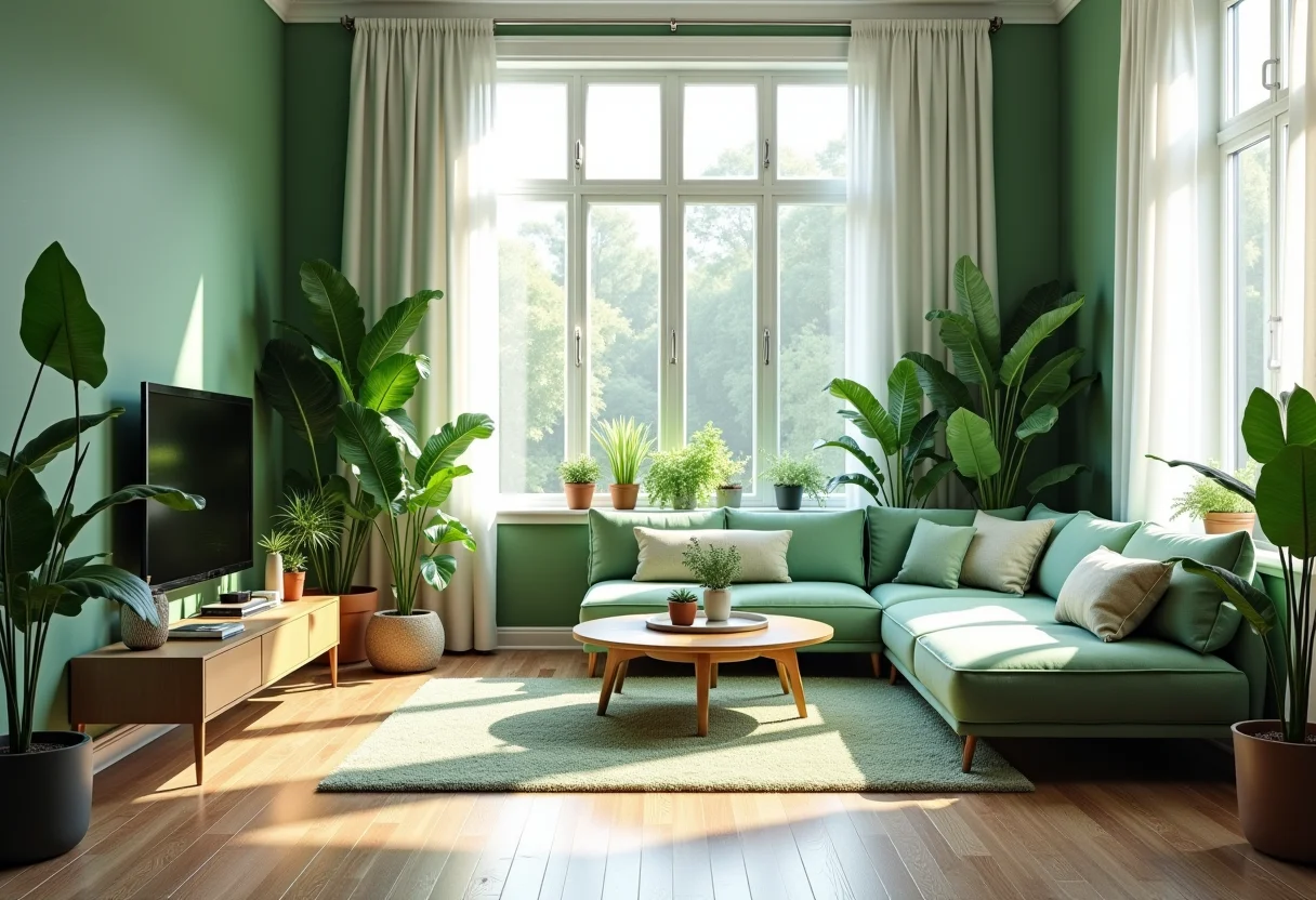 Sala de estar exuberante com decoração inspirada na natureza.