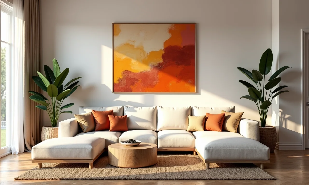 Sala de estar iluminada com arte abstrata em tons quentes.