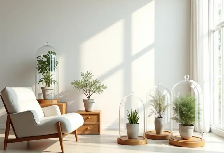 Sala de estar iluminada com cúpulas de vidro exibindo plantas e objetos de valor