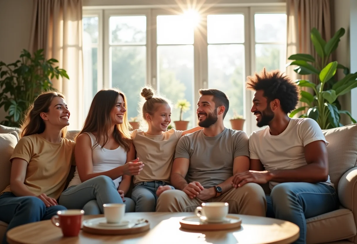 Sala de estar iluminada com família desfrutando da decoração afetiva