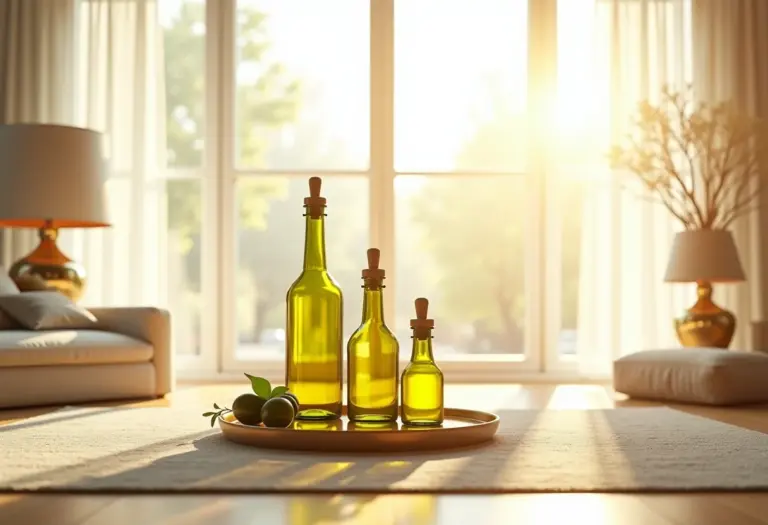 Sala de estar iluminada com garrafas de azeite reutilizadas como decoração