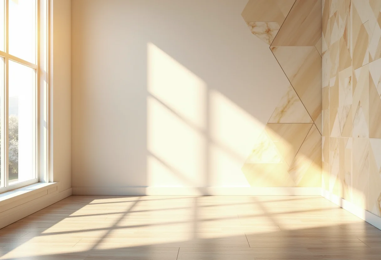 Sala de estar iluminada com parede geométrica colorida