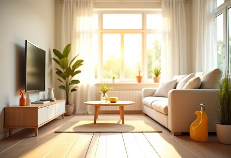 Sala de estar iluminada sendo limpa durante a primavera, com luz solar e materiais de limpeza.