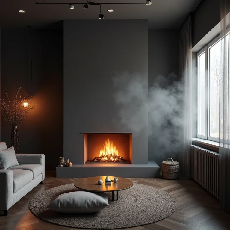 Sala de estar mal ventilada com fumaça saindo da lareira, ilustrando a falta de ventilação adequada.
