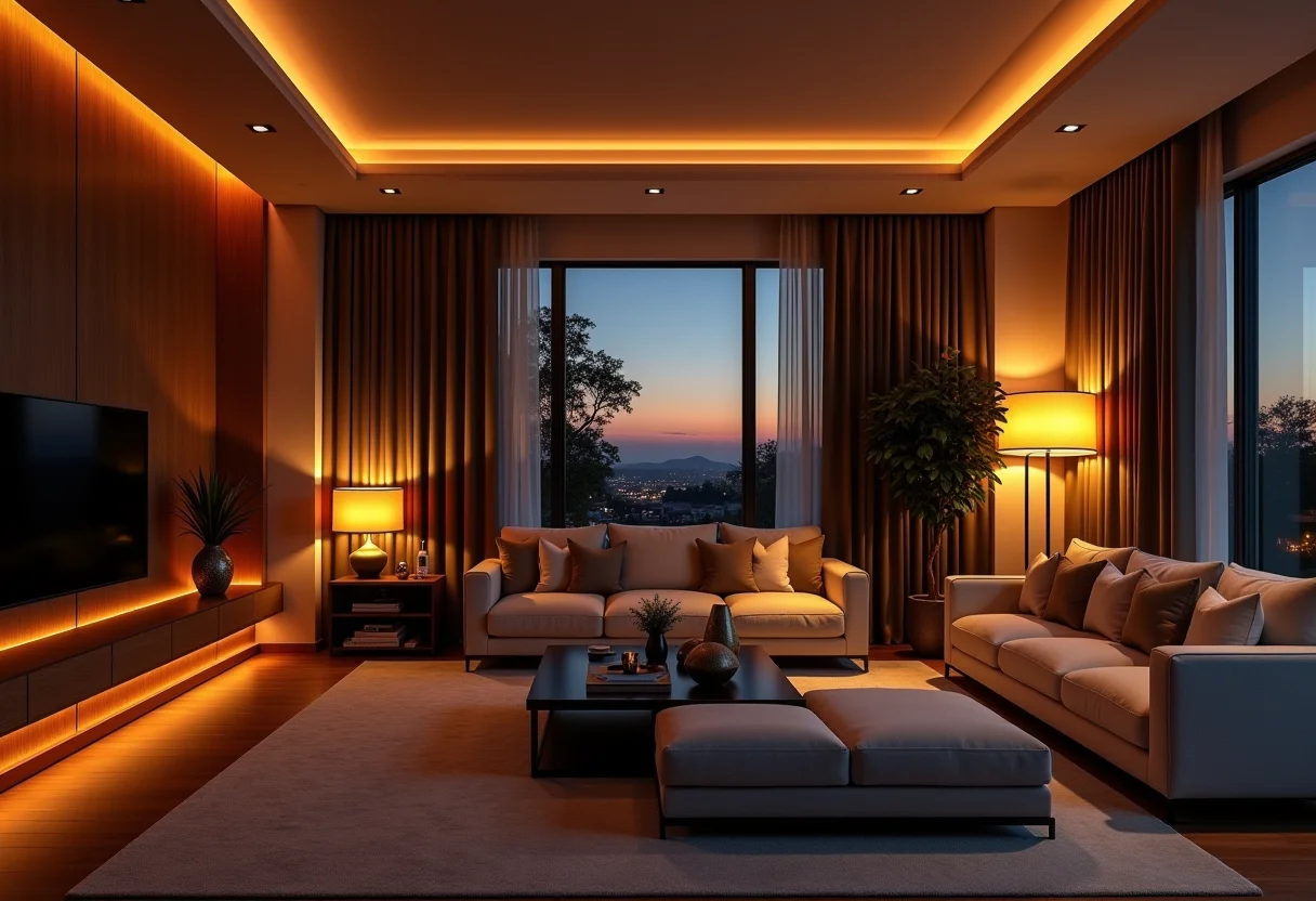 Sala de estar moderna com iluminação aconchegante e bem distribuída