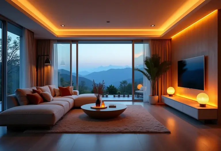 Sala de estar moderna com iluminação aconchegante em tons quentes e frios.