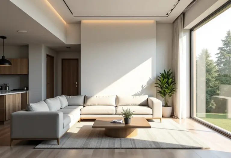 Sala de estar moderna com ilusões óticas ampliando o espaço