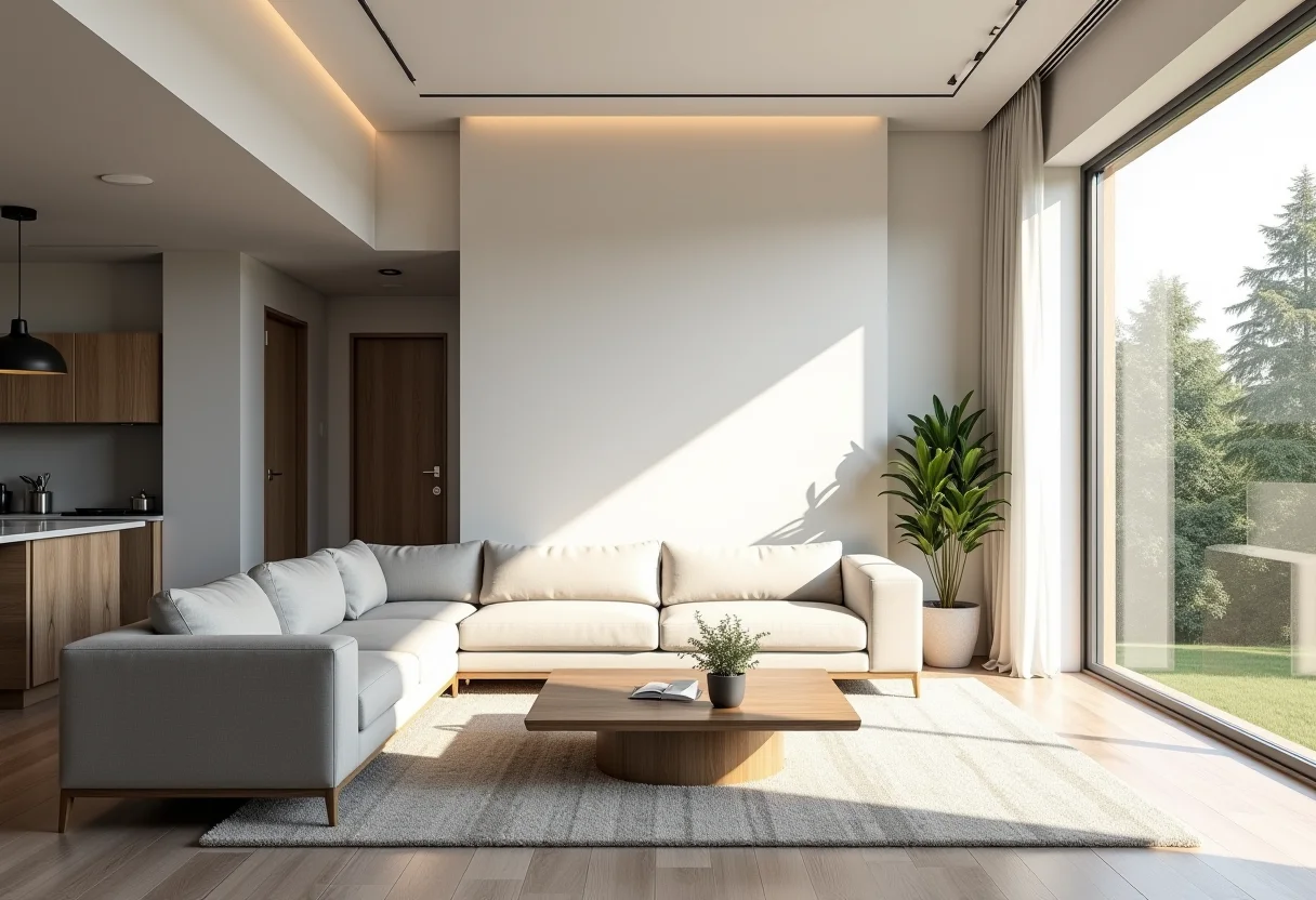 Sala de estar moderna com ilusões óticas ampliando o espaço