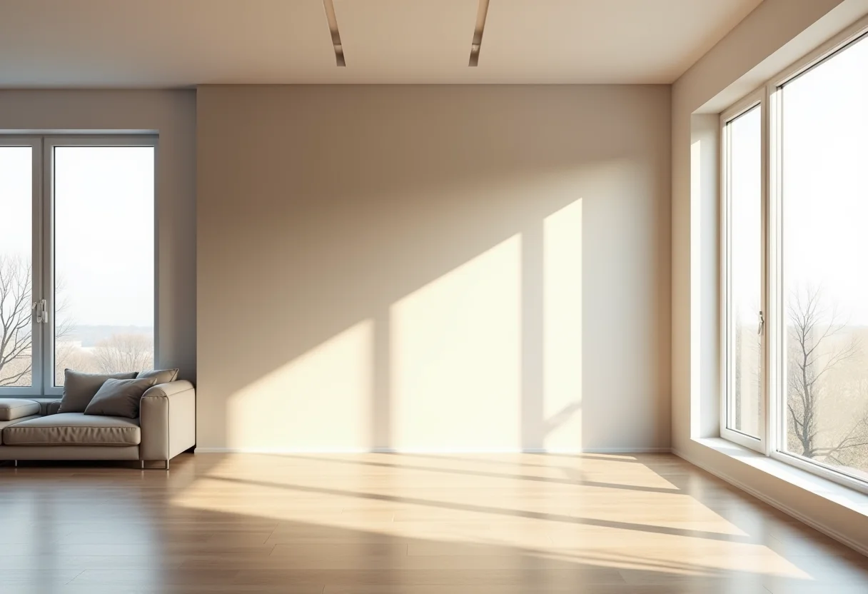 Sala de estar moderna com meia parede pintada e iluminação natural
