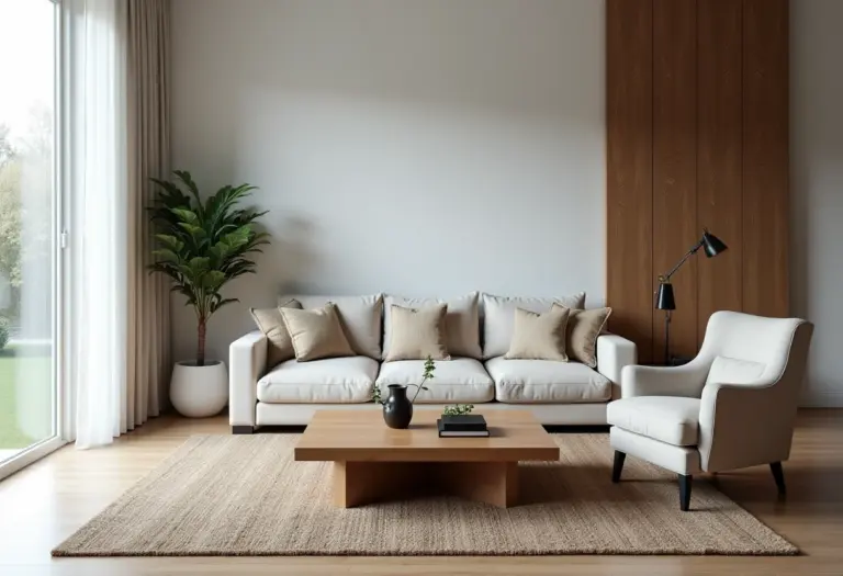 Sala de estar moderna com mesa de centro alternativa e materiais reciclados