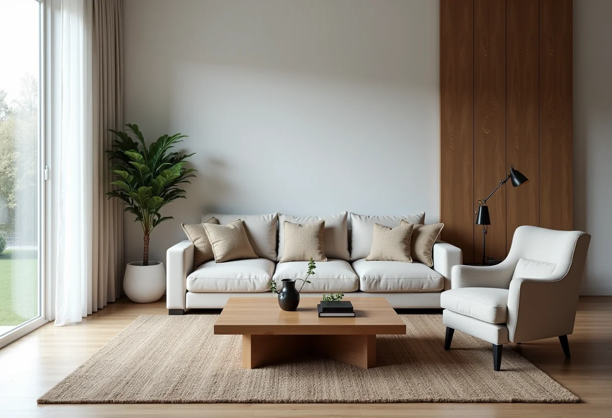 Sala de estar moderna com mesa de centro alternativa e materiais reciclados