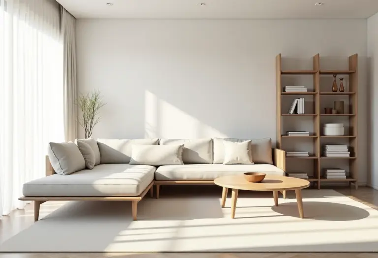 Sala de estar moderna com móveis multifuncionais.