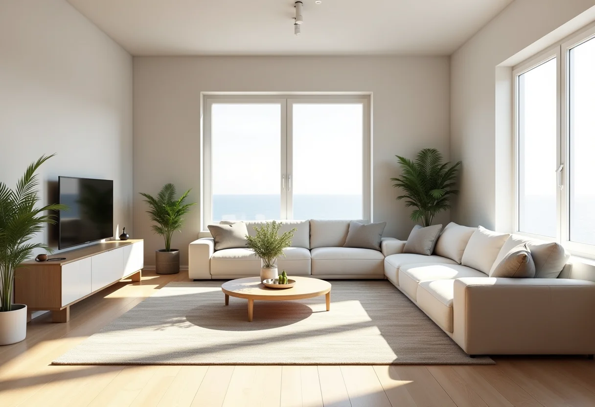 Sala de estar moderna com móveis multifuncionais otimizando espaço