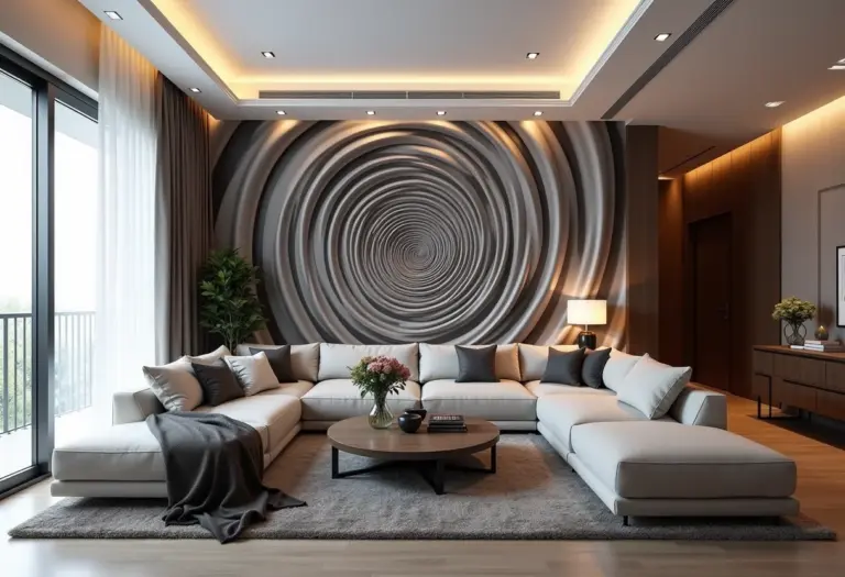 Sala de estar moderna com papel de parede 3D de ilusão ótica que transforma o ambiente.
