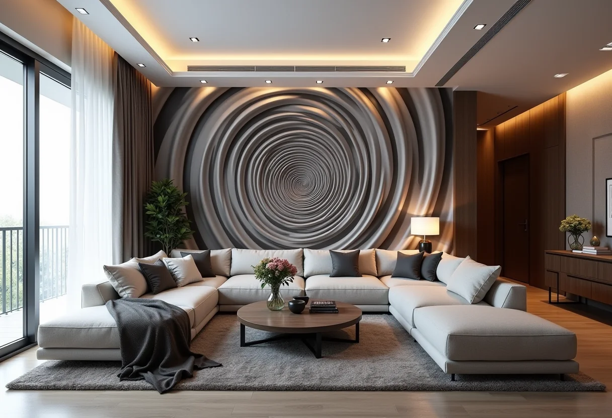 Sala de estar moderna com papel de parede 3D de ilusão ótica que transforma o ambiente.