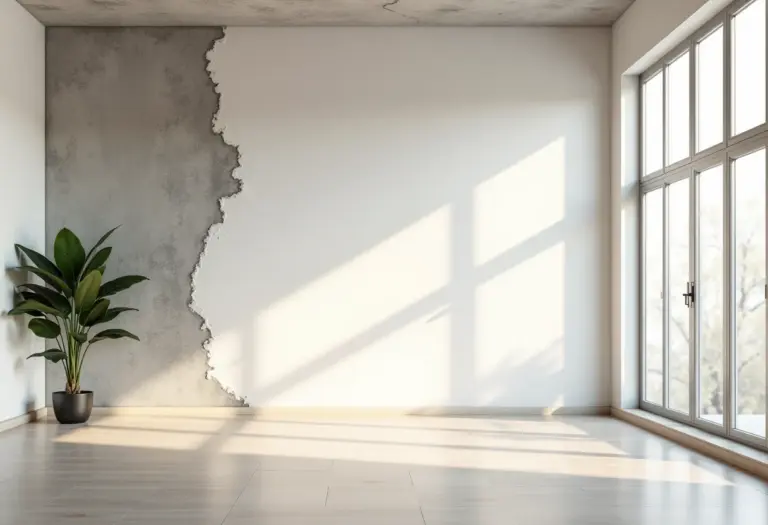 Sala de estar moderna com parede de cimento queimado imperfeita