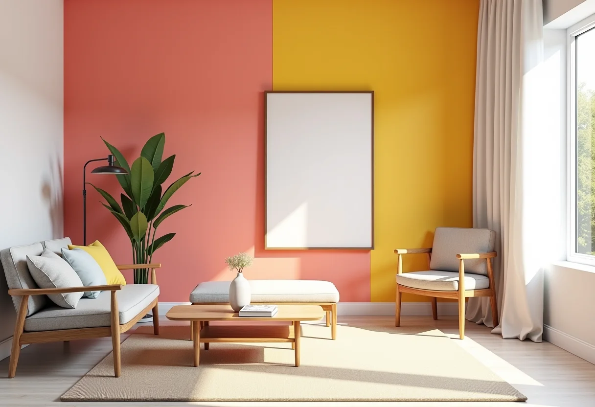 Sala de estar moderna com parede geométrica colorida feita em estilo DIY