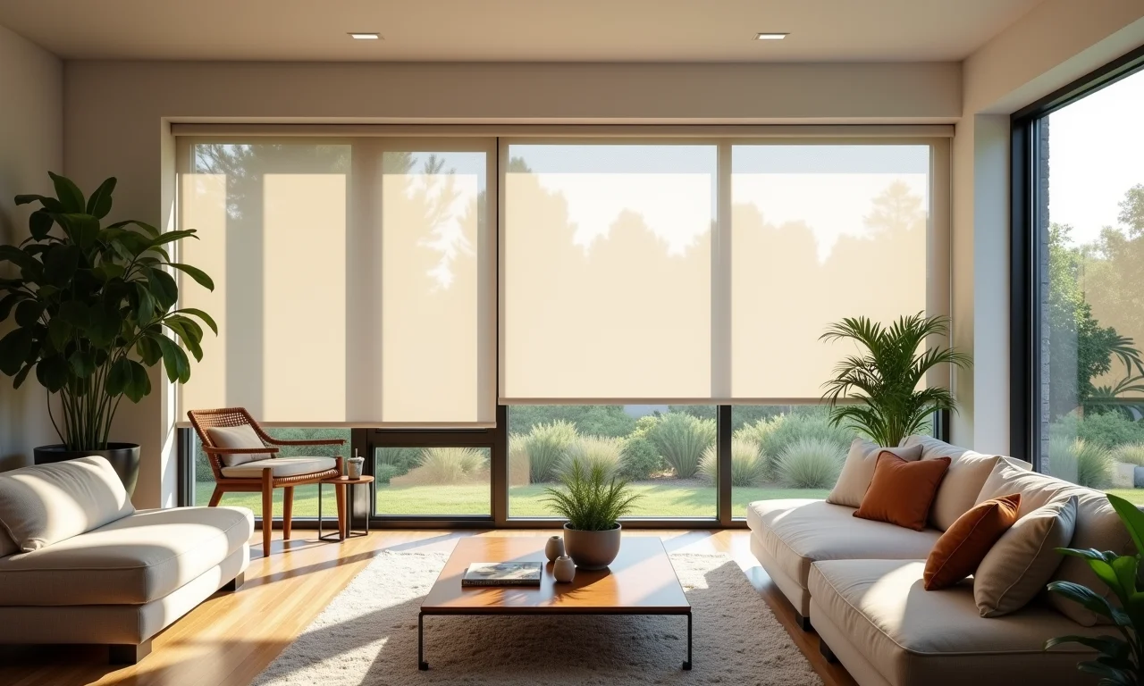 Sala de estar moderna com persianas rolô e iluminação natural.